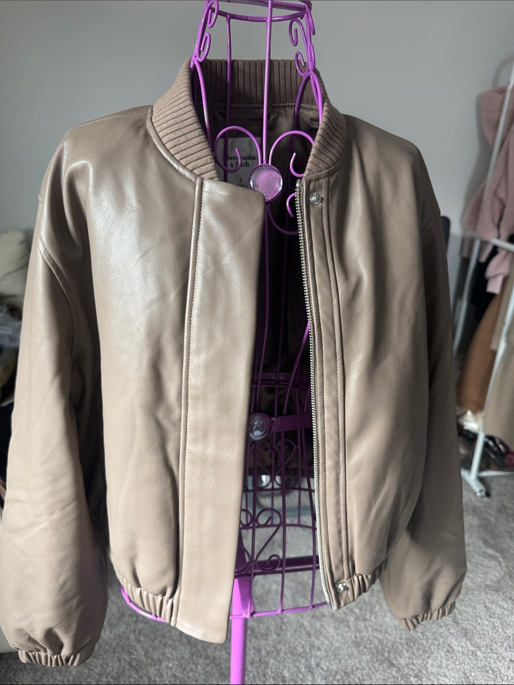 Abercrombie & Fitch Taupe Faux Leather Bomber Jacket - Picture 2 of 7